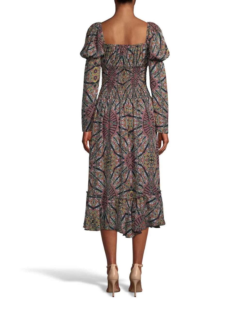 Labyrinth Silk Smocked Waist Dress In Brown Multi