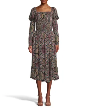 Labyrinth Silk Smocked Waist Dress In Brown Multi