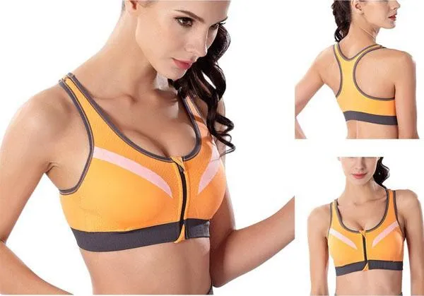 Ladies Workout Bra - Sports Bra - Orange Zipper Sports Bra - Padded Sports Bra