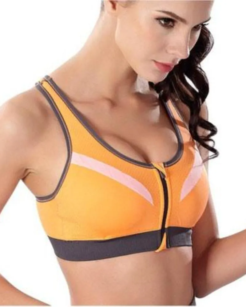 Ladies Workout Bra - Sports Bra - Orange Zipper Sports Bra - Padded Sports Bra