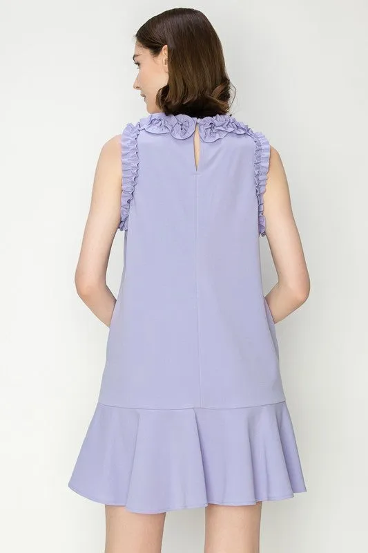 Lavender Ruffled Sleeve Flounce Hem Crewneck Mini Dress