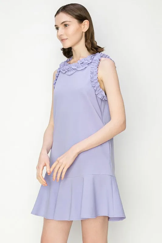 Lavender Ruffled Sleeve Flounce Hem Crewneck Mini Dress