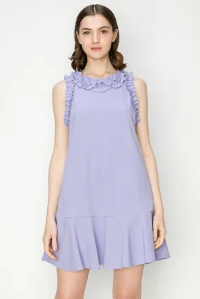 Lavender Ruffled Sleeve Flounce Hem Crewneck Mini Dress