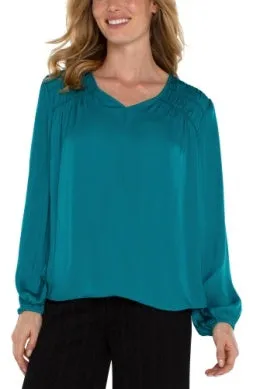 Long Sleeve V-Neck Woven Blouse w/ Shirring