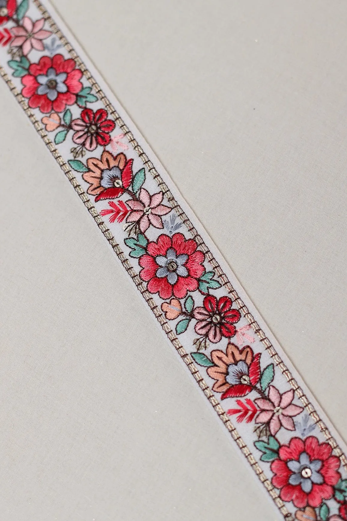 Multi Color Floral Thread Work With Gold Sequins White Embroidered Lace (9 Meters)