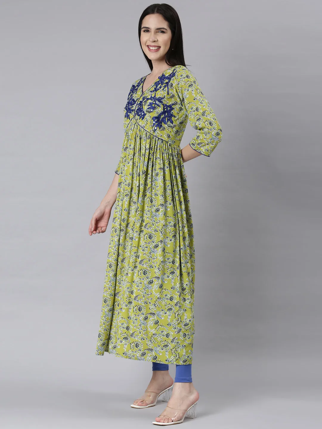 Neerus Green Asymmetric Casual Floral Maxi Dresses