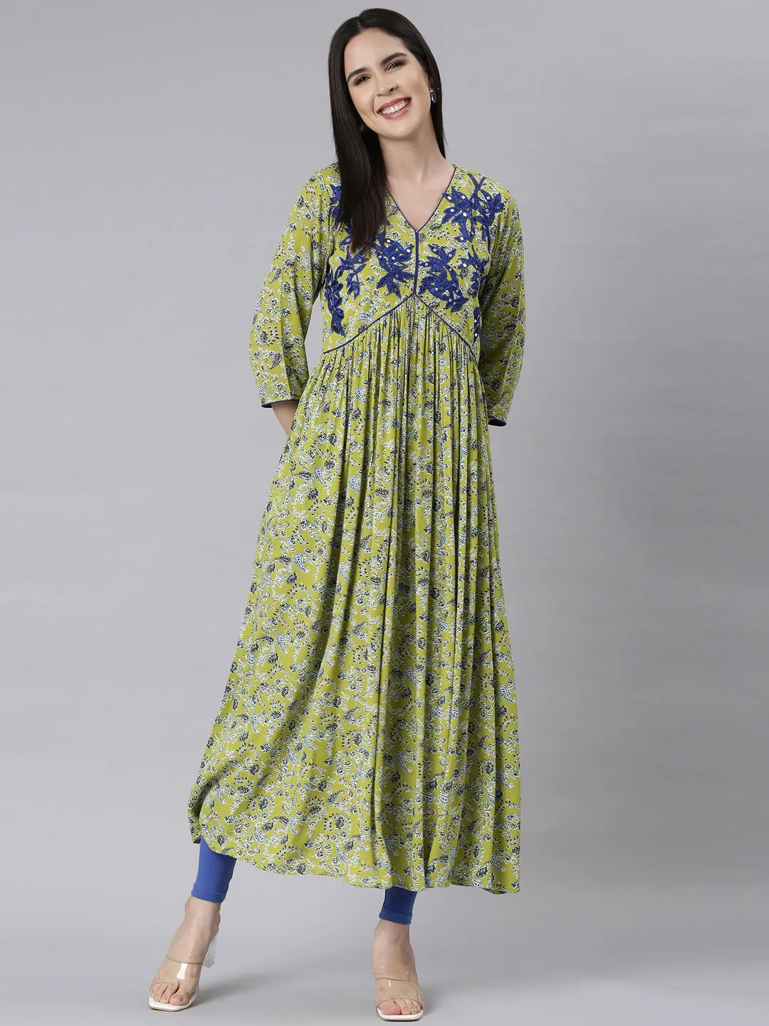 Neerus Green Asymmetric Casual Floral Maxi Dresses