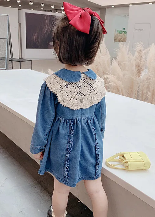 New Blue Peter Pan Collar Ruffled Denim Girls Mid Dresses Long Sleeve XZ073