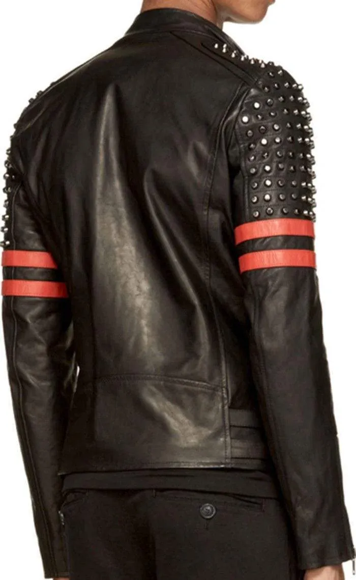 New Men's Back Red Half Silver Studded Stripes Biker Leather Jacket