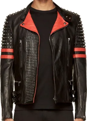 New Men's Back Red Half Silver Studded Stripes Biker Leather Jacket