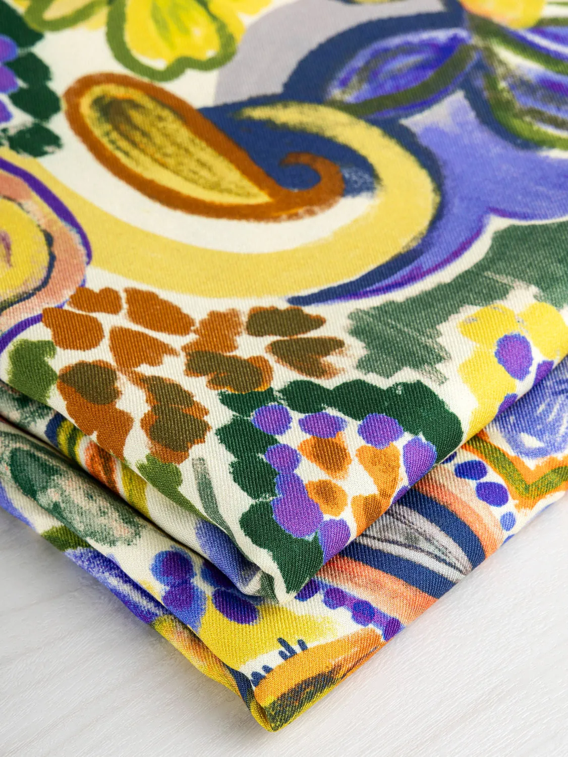 Paisley Flower Print Viscose Twill - Cream   Purple   Green   Orange  - Swatch