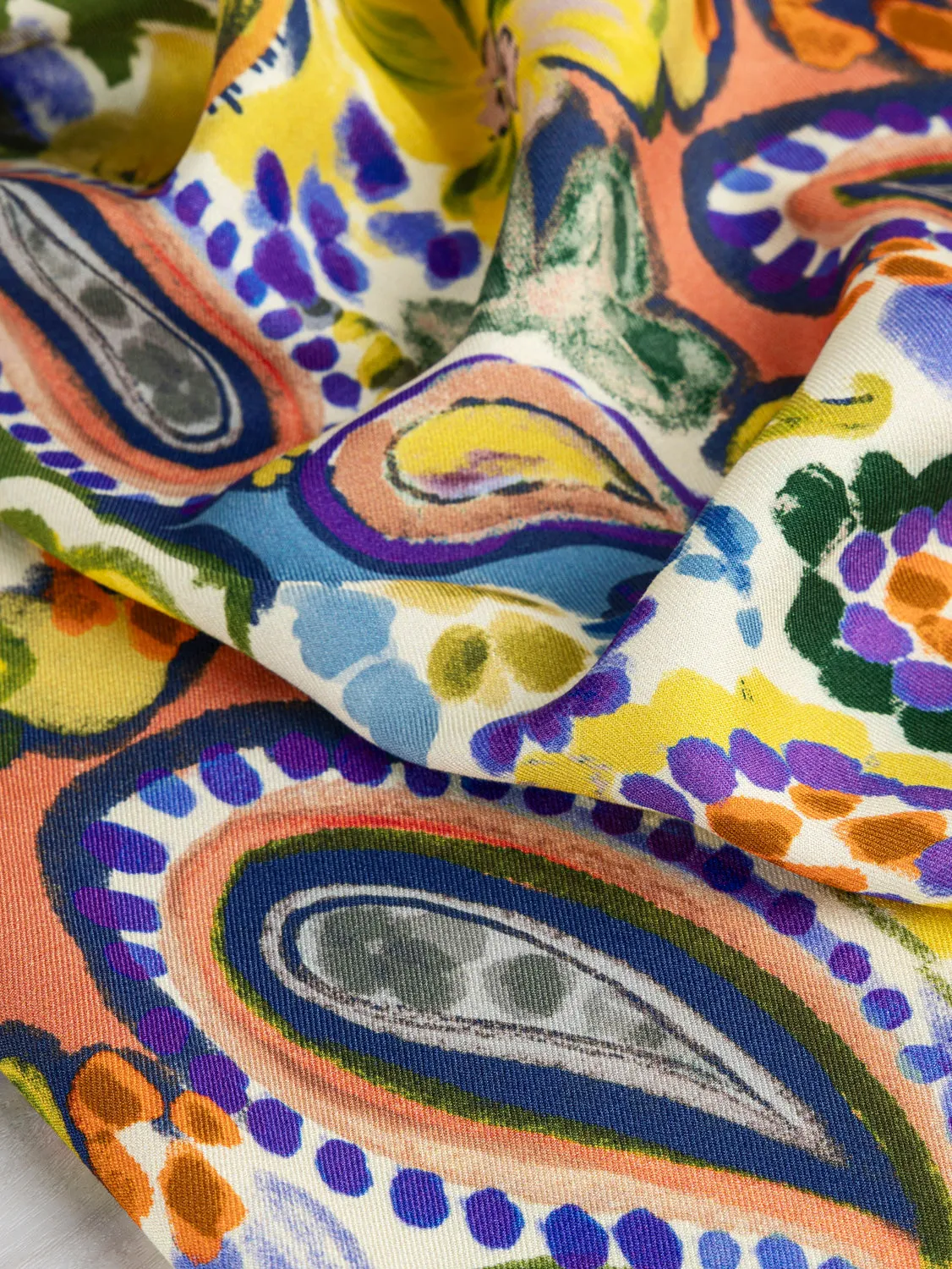 Paisley Flower Print Viscose Twill - Cream   Purple   Green   Orange  - Swatch