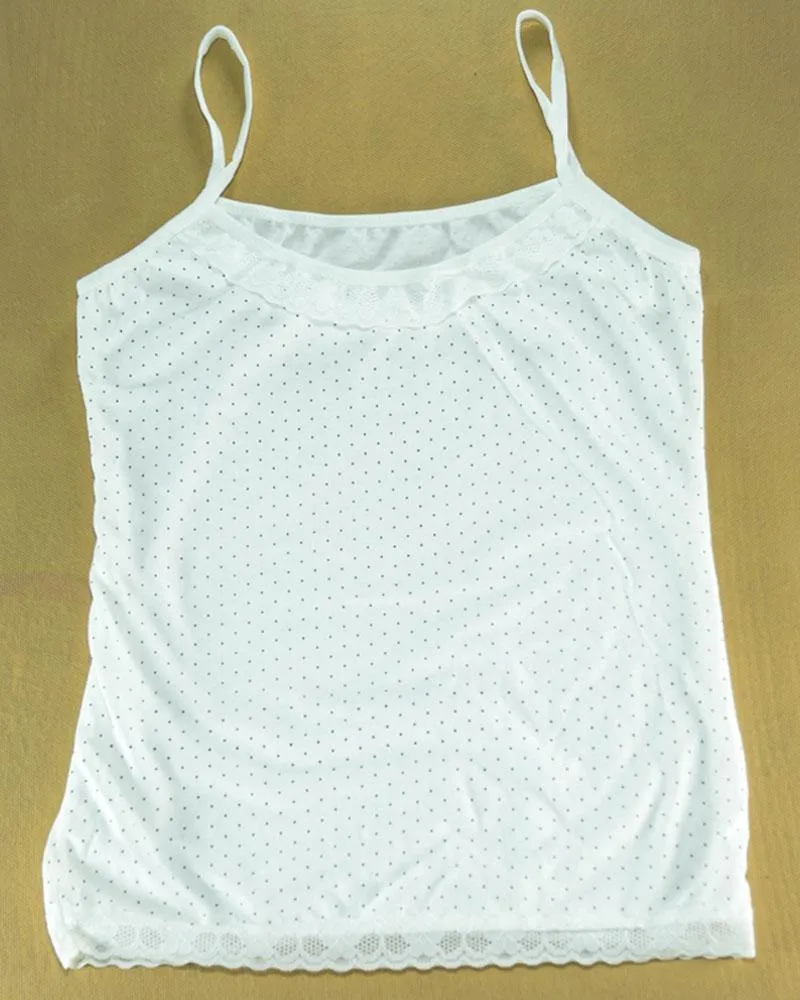 Polka Dotted Cotton Camisole With Neck Lace For Women - Color White - MA-8