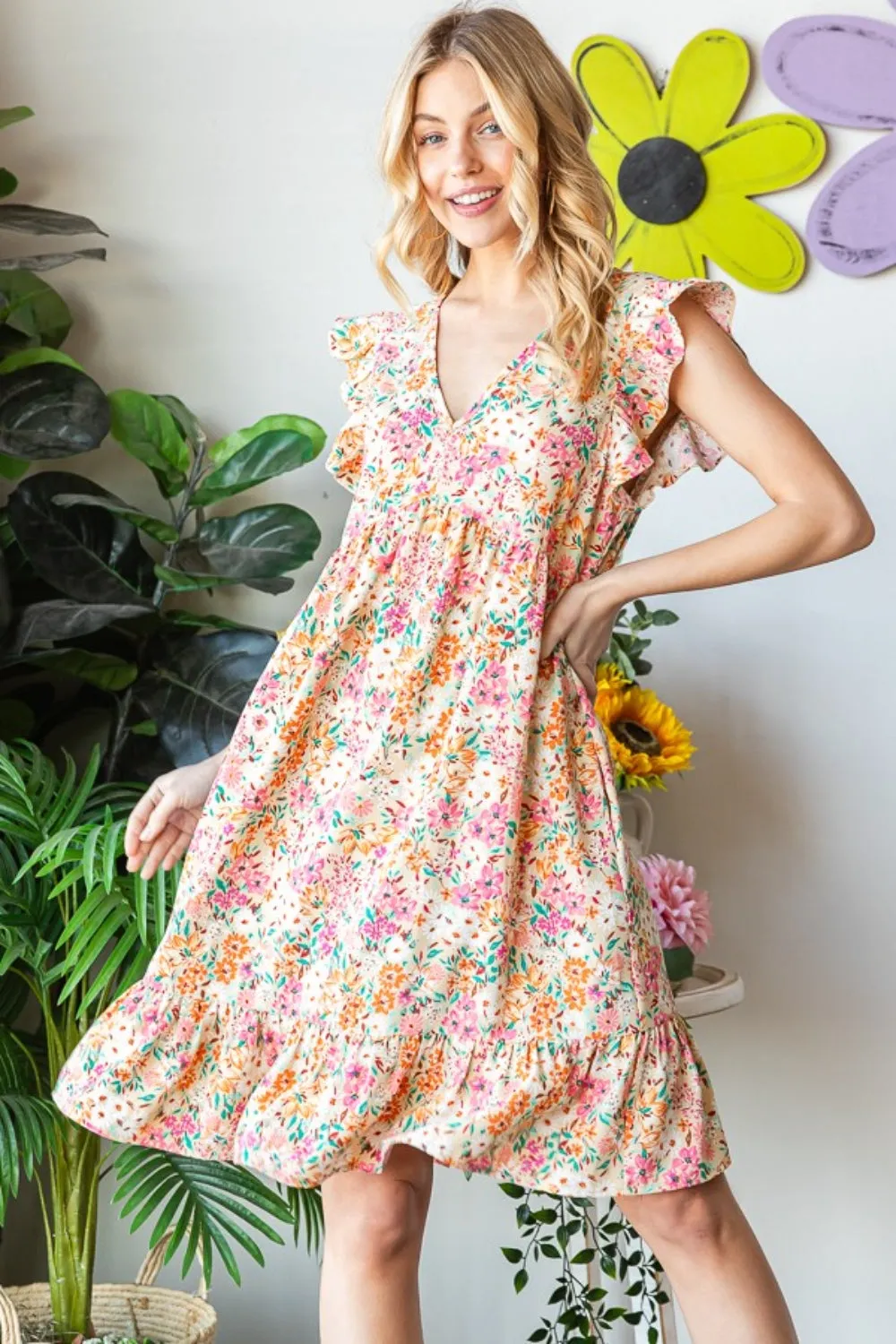 Rachel - Floral Ruffled V-Neck Dress - Sand - Exclusively Online