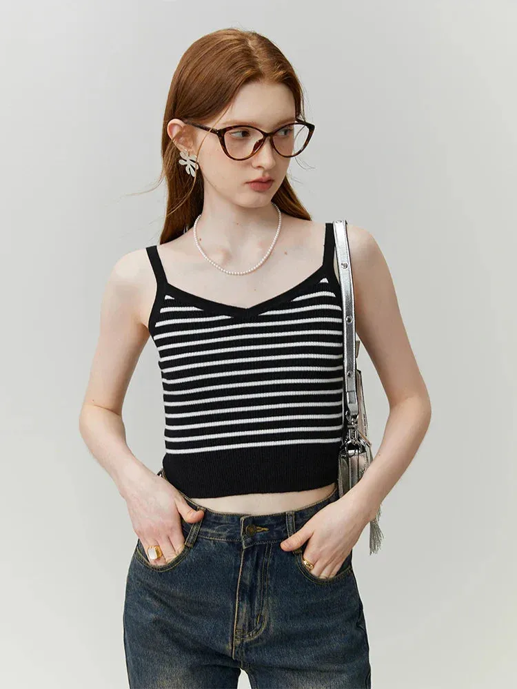 Retro Style Striped Camisole Women Autumn Sleeveless Knitted Top Tank Top