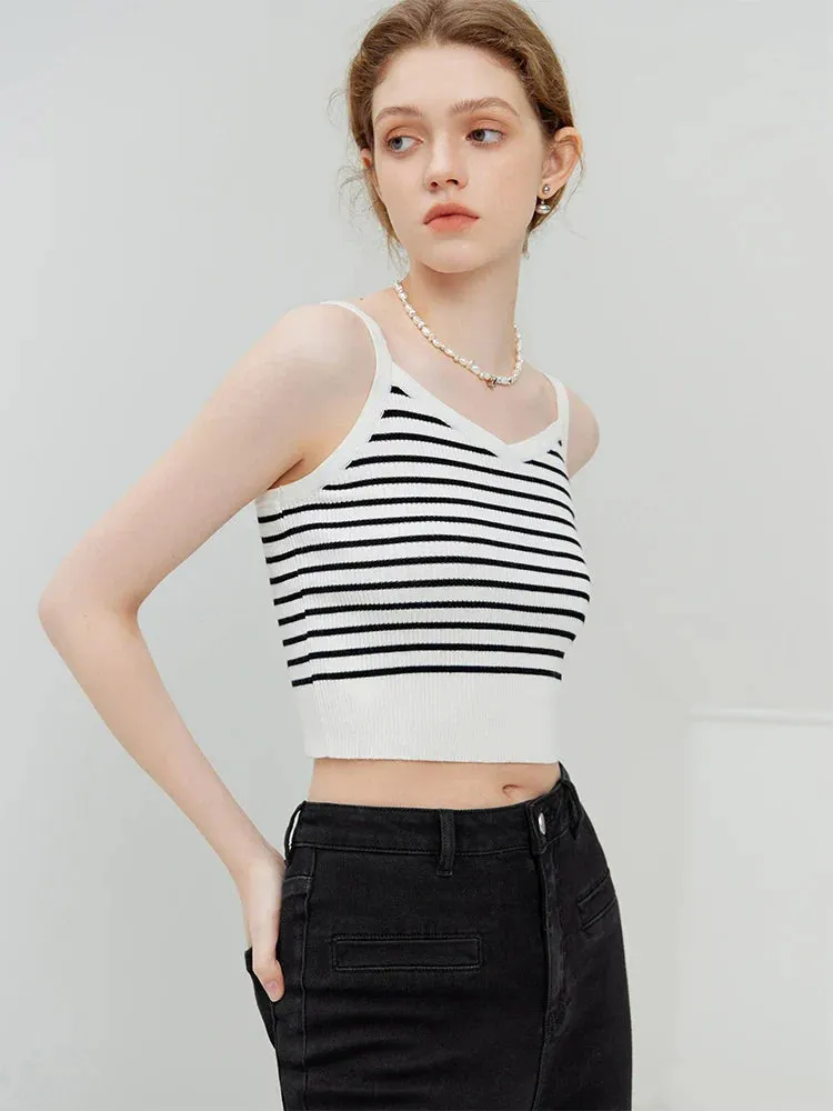 Retro Style Striped Camisole Women Autumn Sleeveless Knitted Top Tank Top