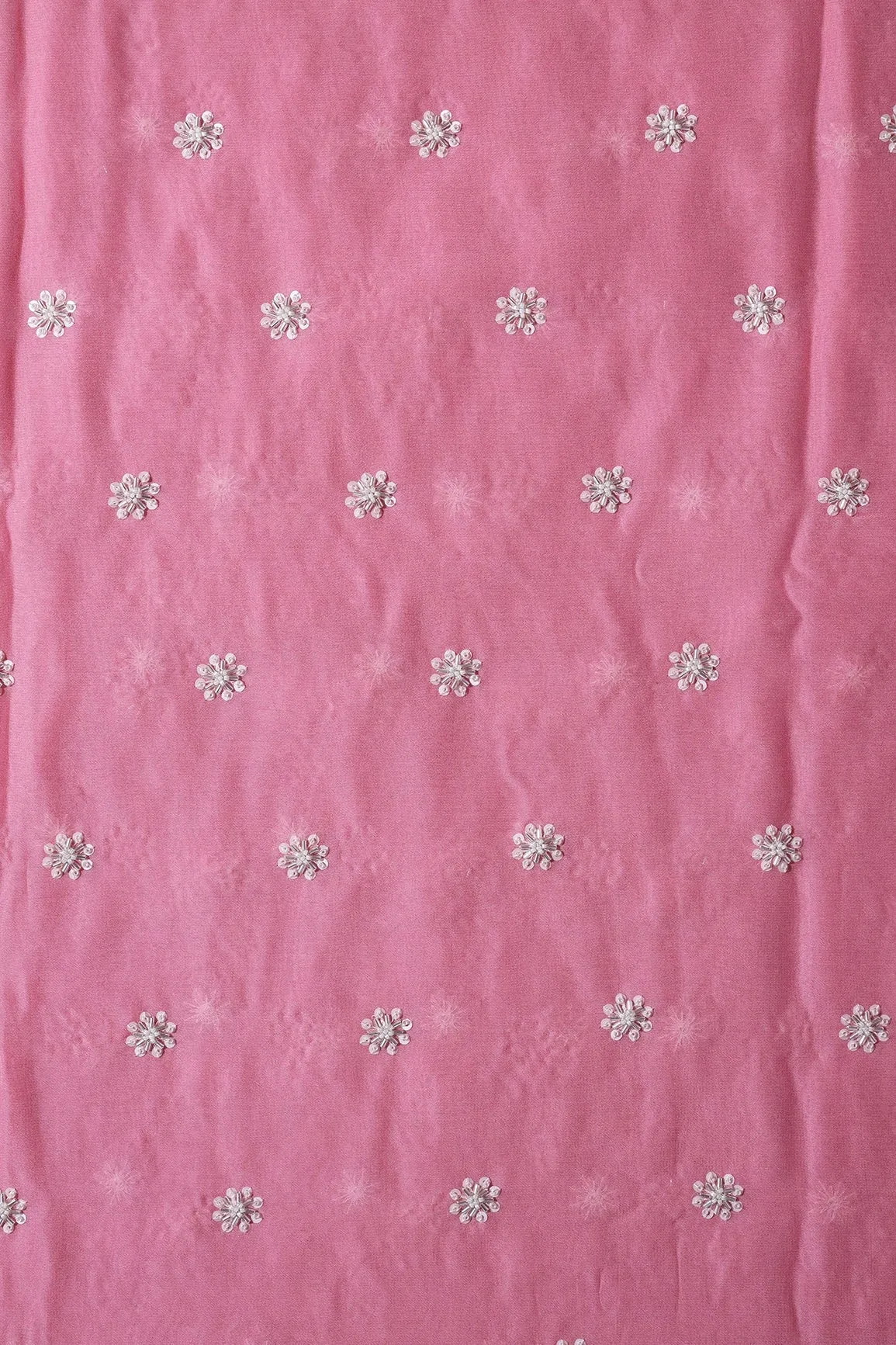 Silver Beads With Sequins Small Floral Handwork Embroidery On Thulian Pink Viscose Georgette Fabric