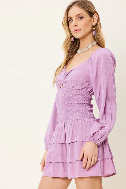 Smoky Grape Front Knot Detailed Ruffled Mini Dress