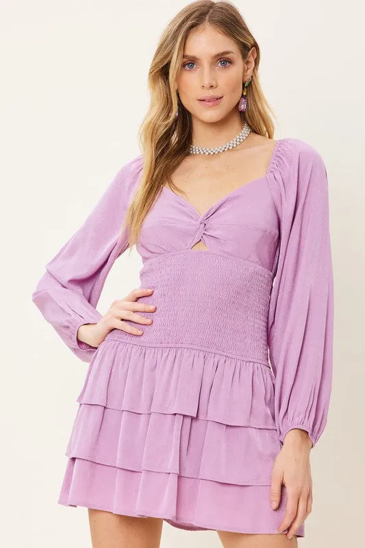 Smoky Grape Front Knot Detailed Ruffled Mini Dress