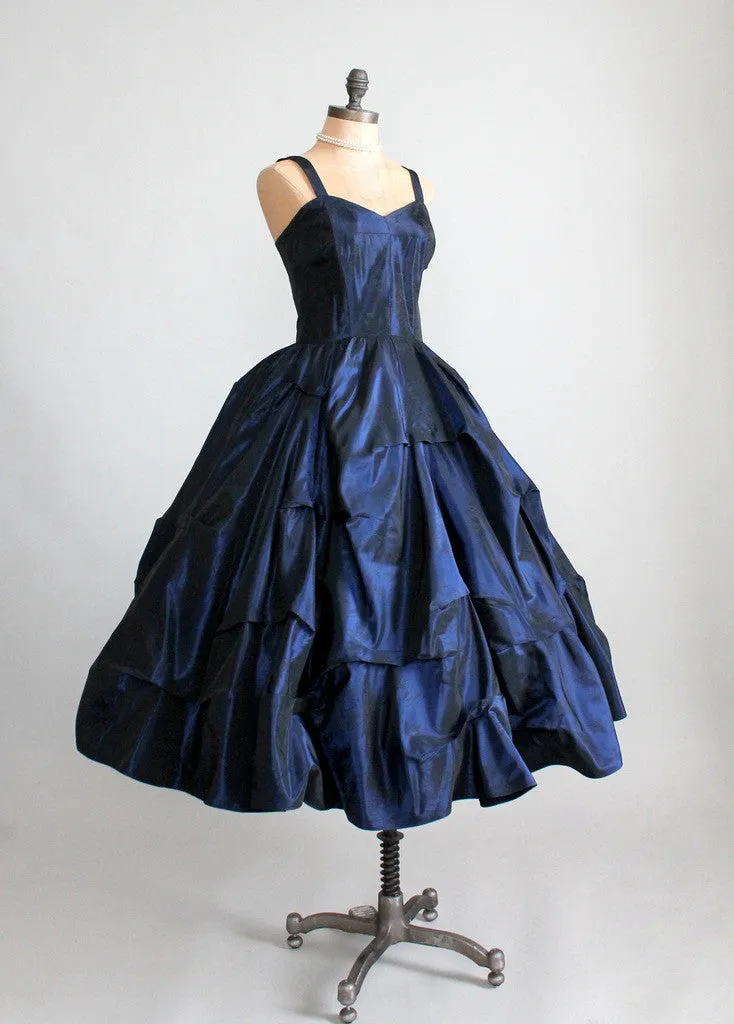 Vintage 1950s Pucker Up Navy Taffeta Party Dress