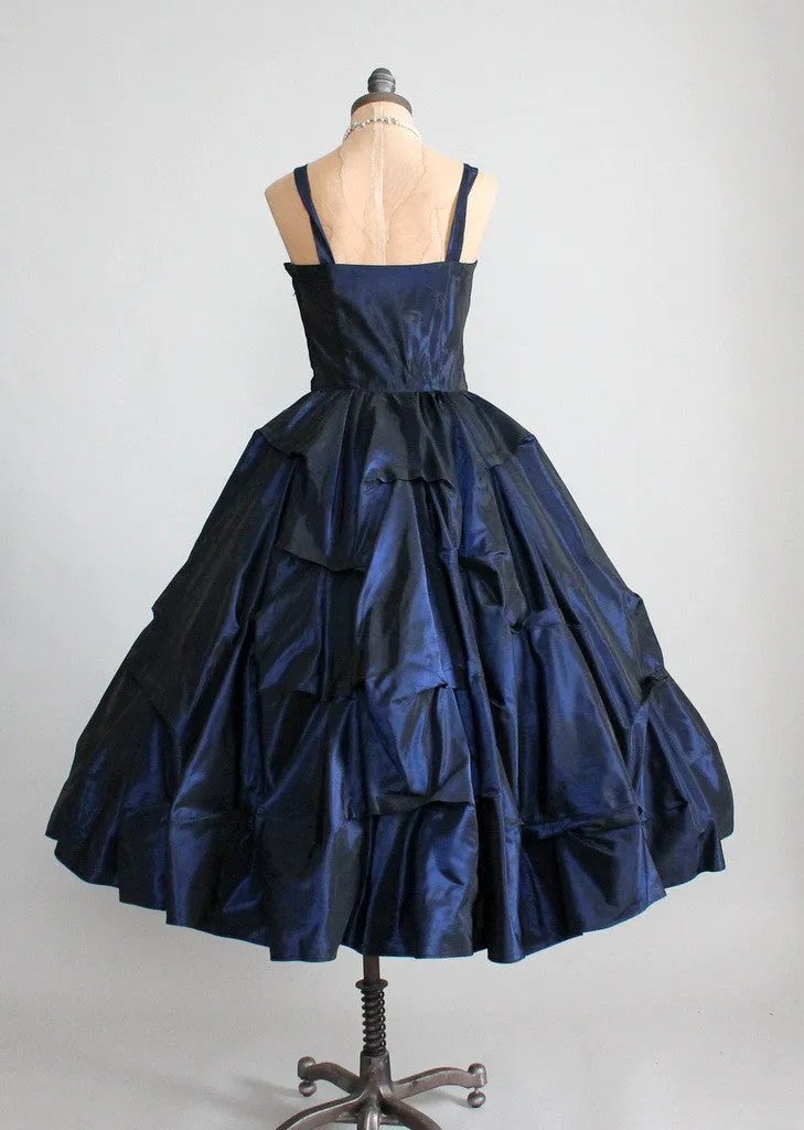 Vintage 1950s Pucker Up Navy Taffeta Party Dress