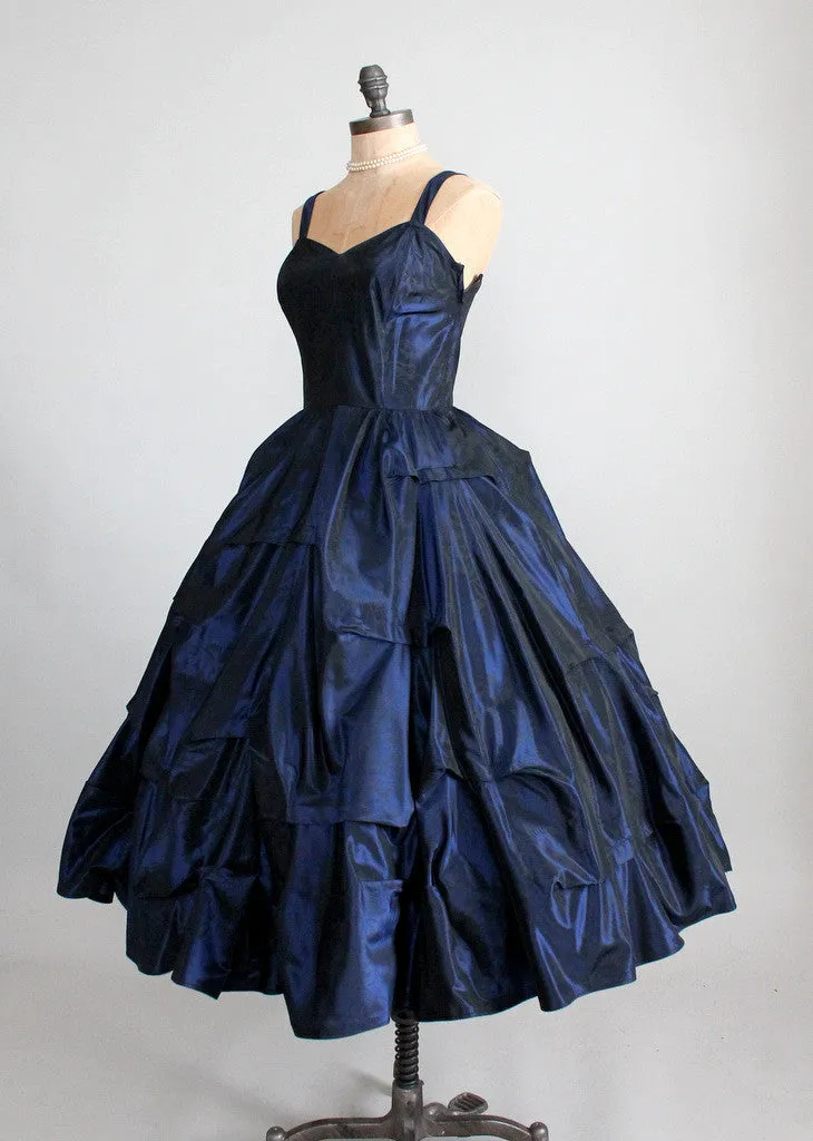 Vintage 1950s Pucker Up Navy Taffeta Party Dress