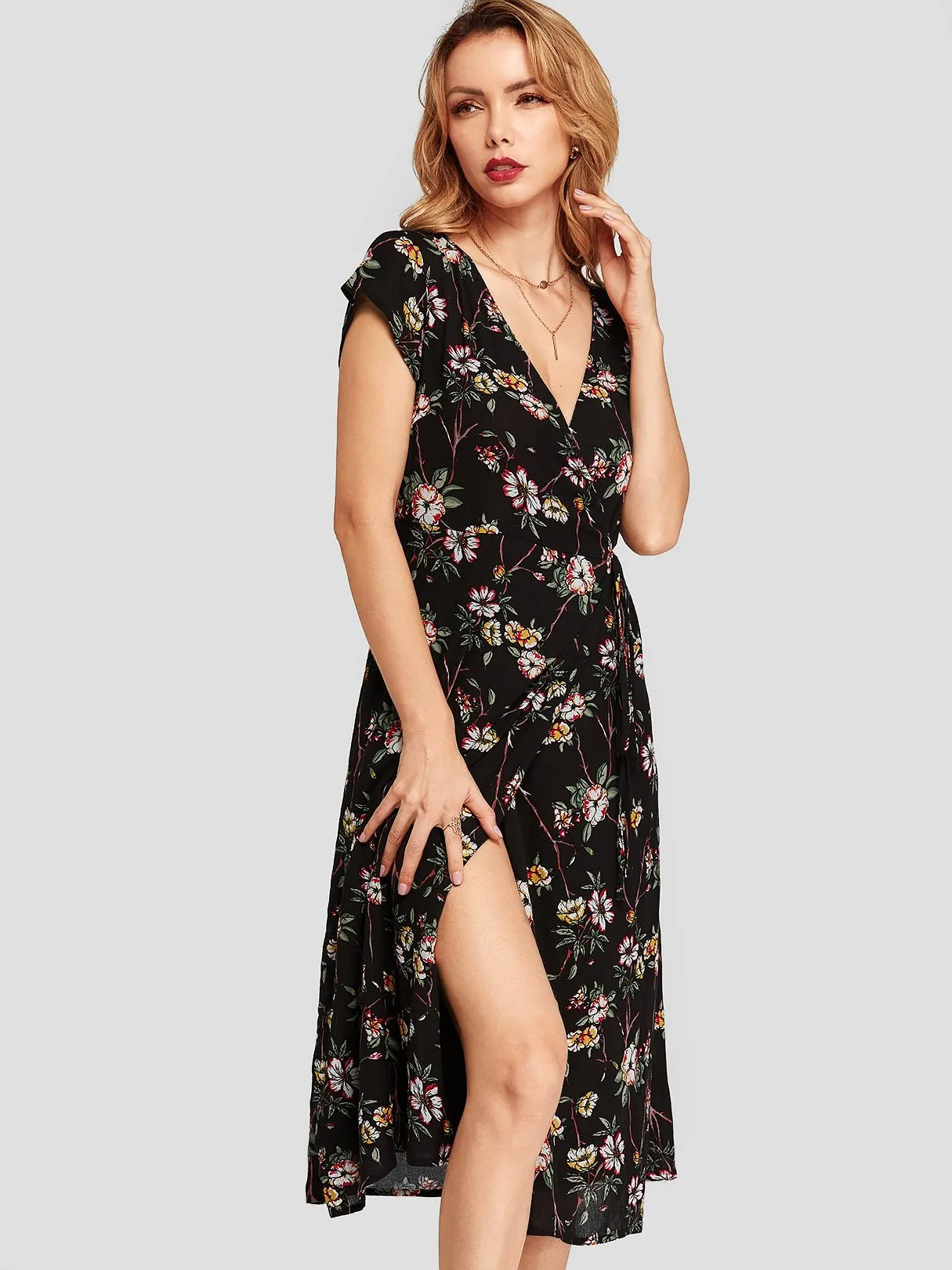 Wholesale Black Crossed Collar Floral Print Wrap Dresses