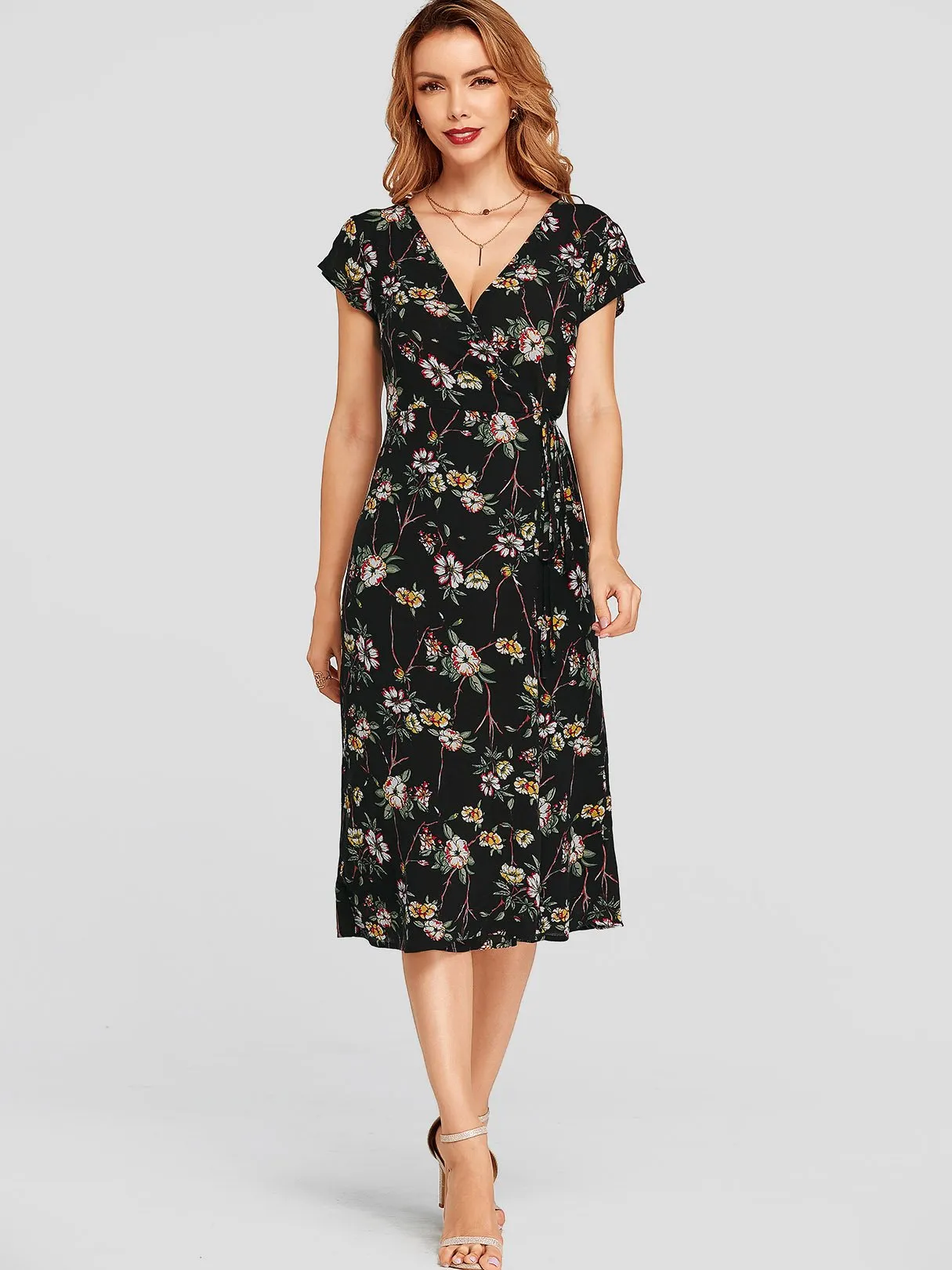 Wholesale Black Crossed Collar Floral Print Wrap Dresses