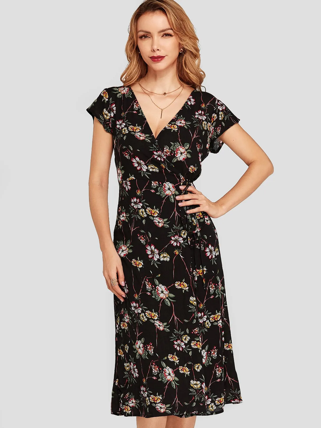 Wholesale Black Crossed Collar Floral Print Wrap Dresses