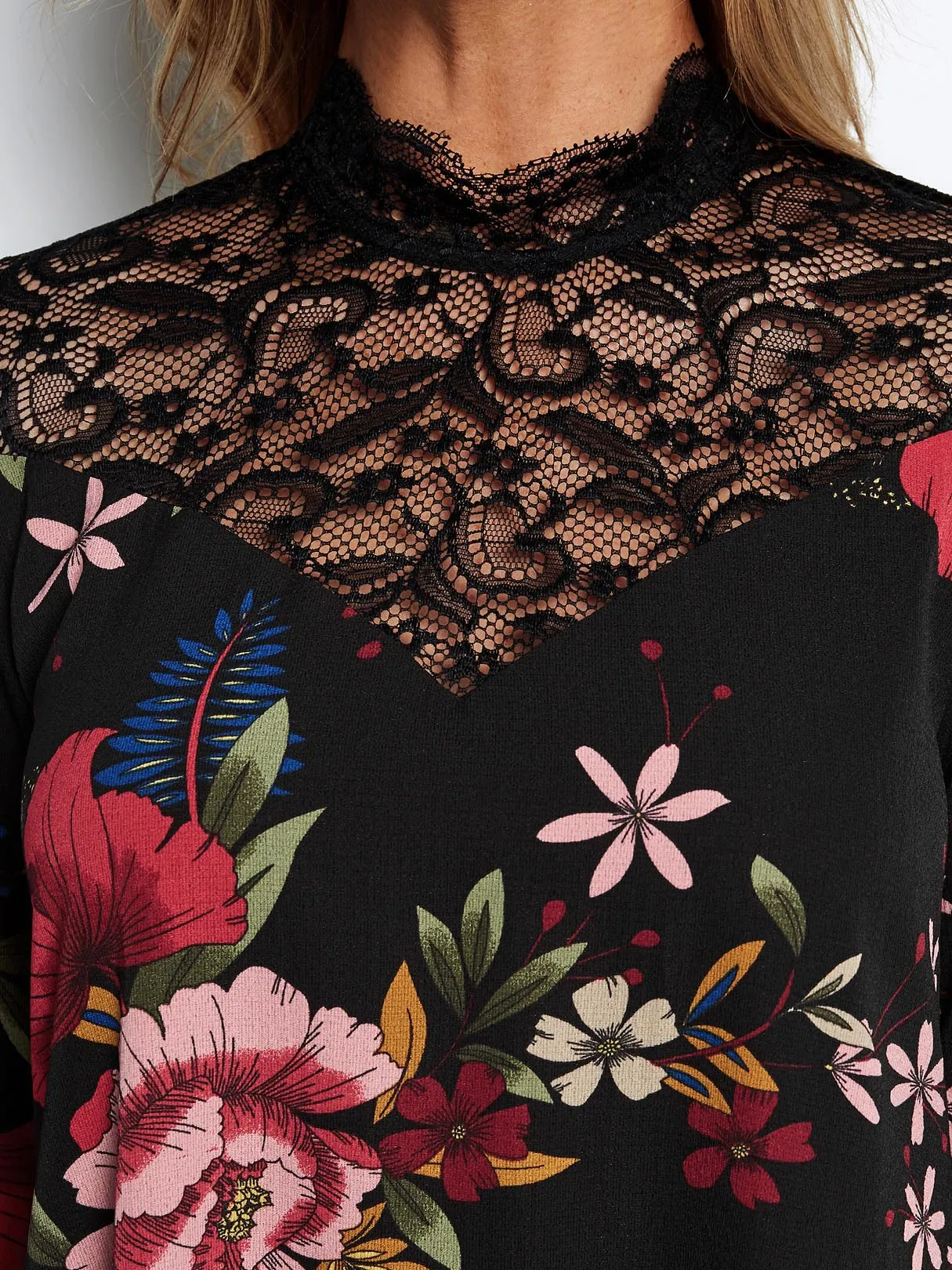 Wholesale Black Perkins Collar Long Sleeve Floral Print Lace Cut Out See Through Dresses