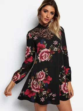 Wholesale Black Perkins Collar Long Sleeve Floral Print Lace Cut Out See Through Dresses