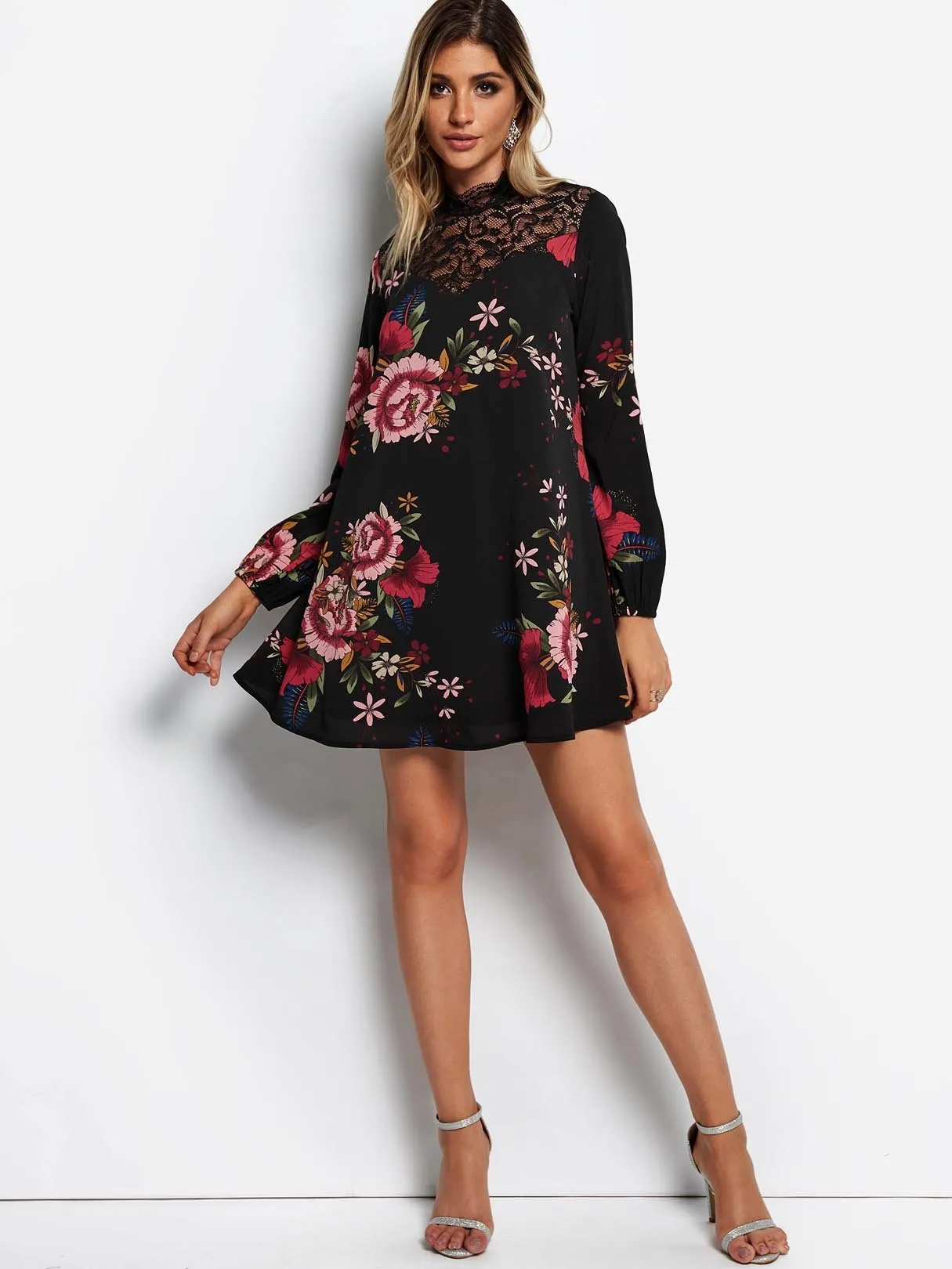 Wholesale Black Perkins Collar Long Sleeve Floral Print Lace Cut Out See Through Dresses