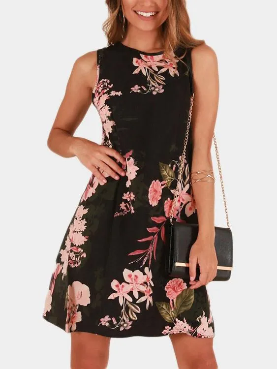 Wholesale Black Round Neck Sleeveless Floral Print Dresses