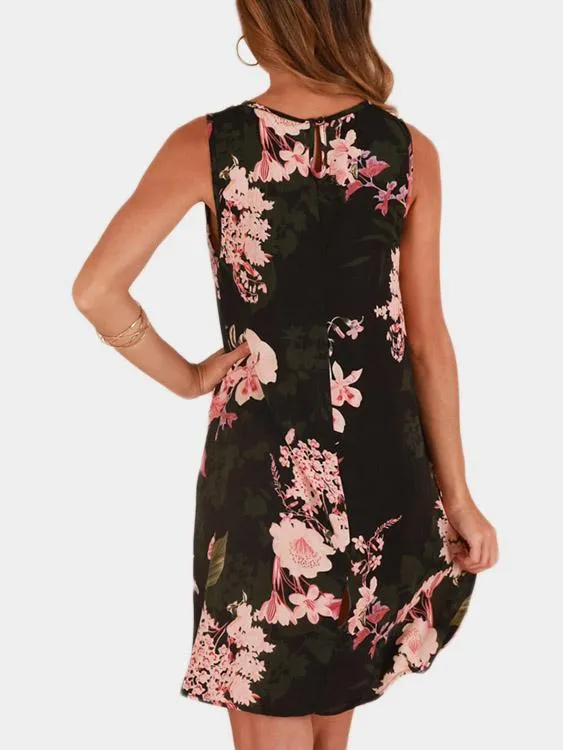 Wholesale Black Round Neck Sleeveless Floral Print Dresses