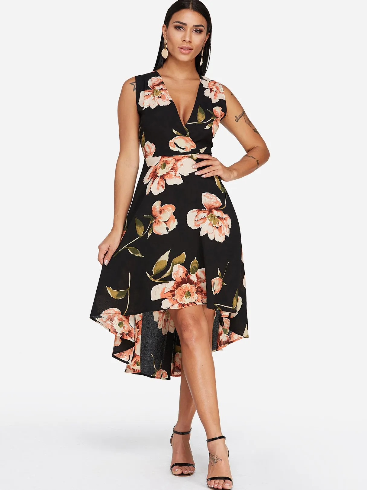 Wholesale Black V-Neck Sleeveless Floral Print Irregular Hem Dresses