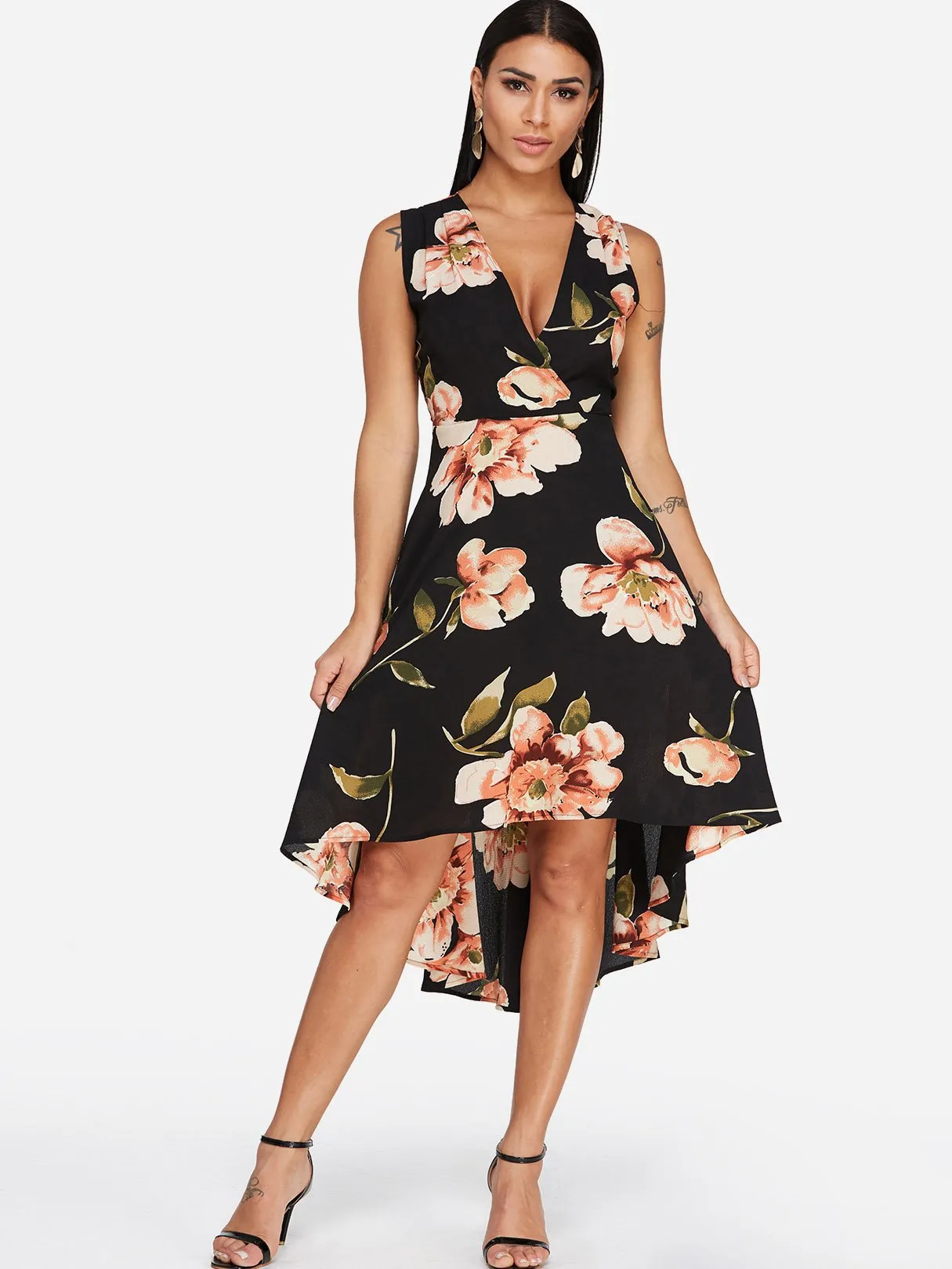 Wholesale Black V-Neck Sleeveless Floral Print Irregular Hem Dresses