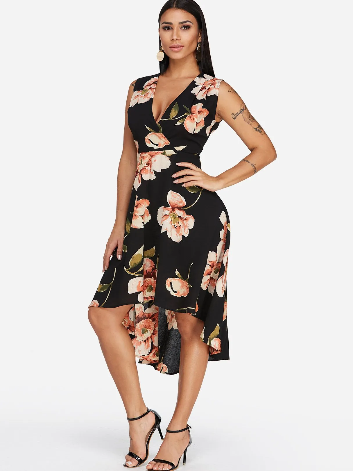 Wholesale Black V-Neck Sleeveless Floral Print Irregular Hem Dresses