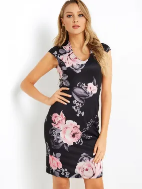 Wholesale Black V-Neck Sleeveless Floral Print Zip Back Dresses