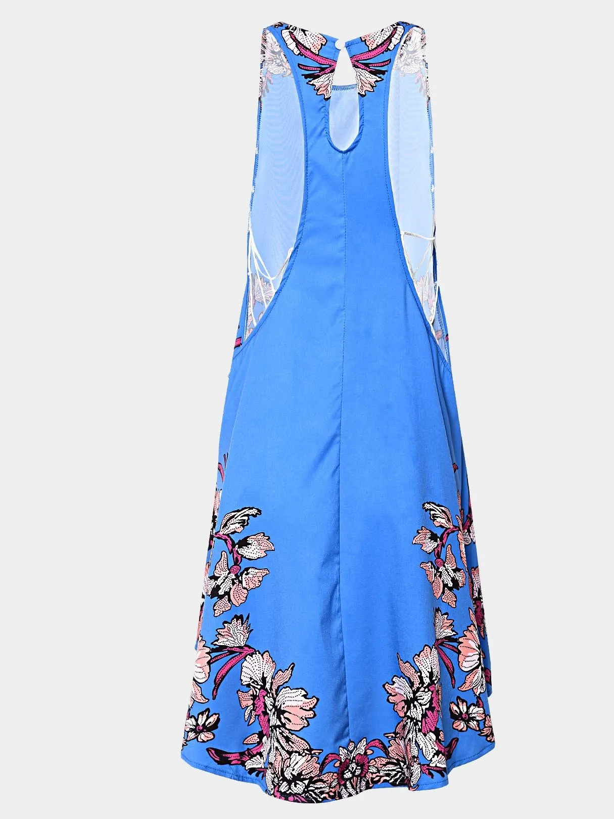 Wholesale Blue Round Neck Sleeveless Floral Print Curved Hem Dresses