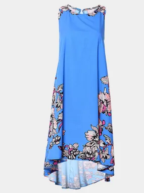 Wholesale Blue Round Neck Sleeveless Floral Print Curved Hem Dresses