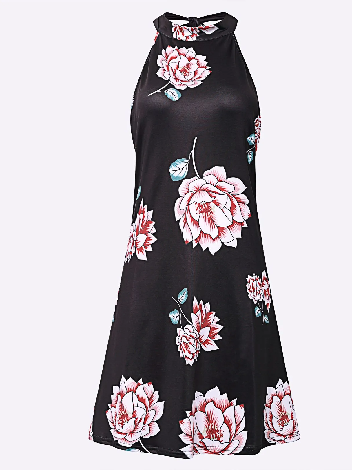 Wholesale Halter Floral Print Backless Sleeveless Black Dresses