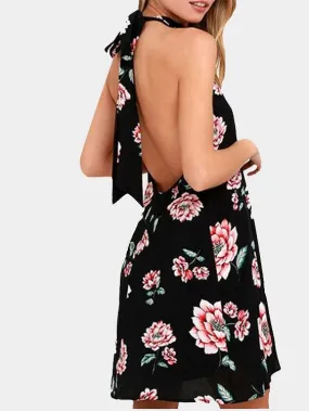 Wholesale Halter Floral Print Backless Sleeveless Black Dresses