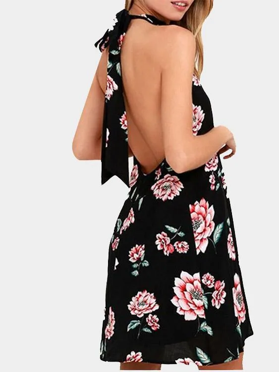 Wholesale Halter Floral Print Backless Sleeveless Black Dresses