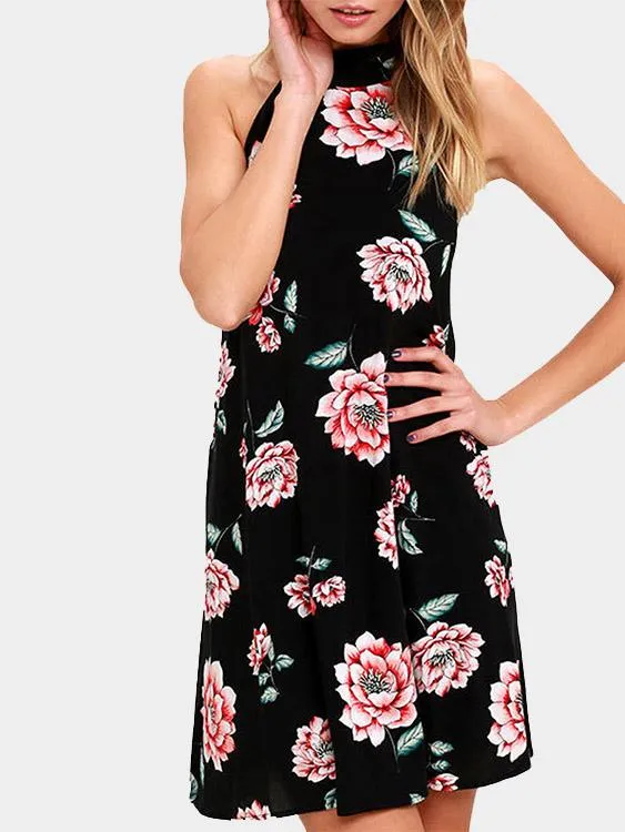 Wholesale Halter Floral Print Backless Sleeveless Black Dresses