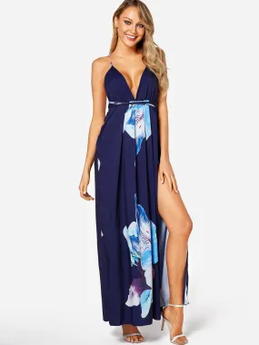 Wholesale Navy Deep V Neck Sleeveless Floral Print Backless Lace-Up Slit Dress