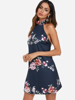 Wholesale Navy Halter Sleeveless Floral Print Backless Self-Tie Dresses