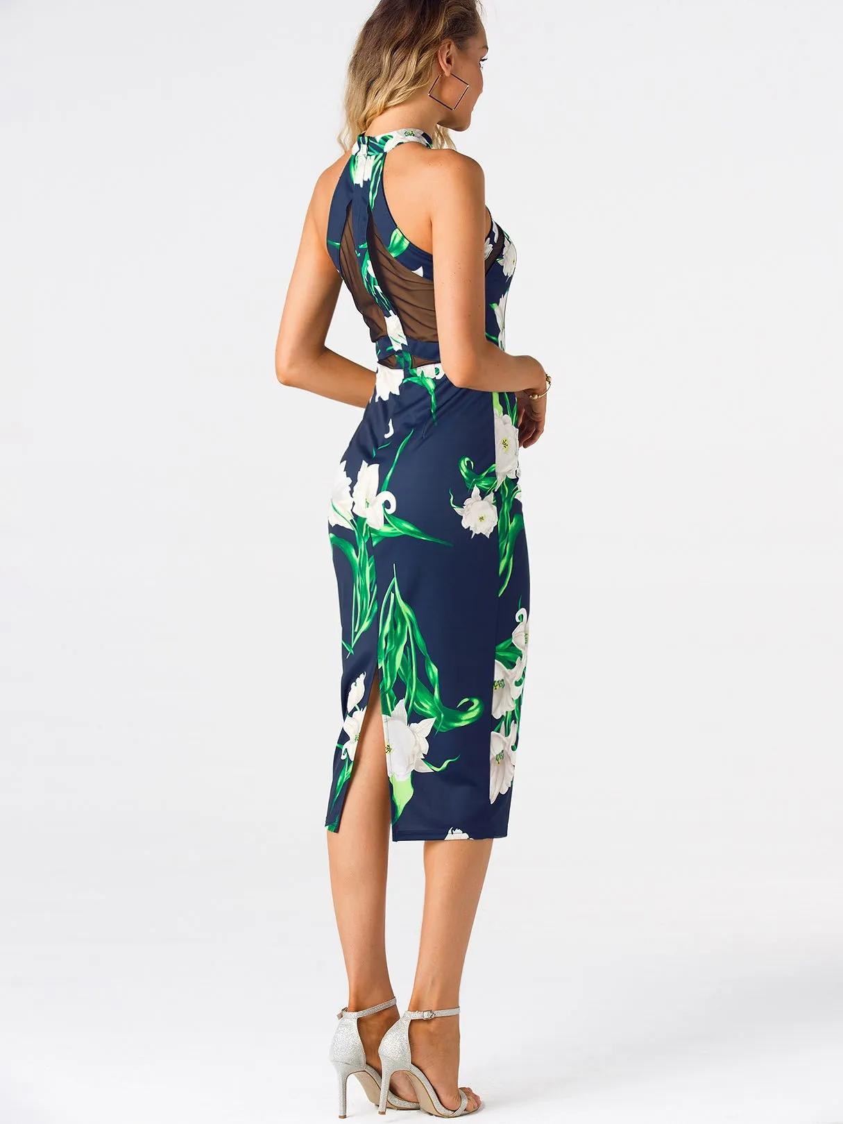 Wholesale Navy Halter Sleeveless Floral Print Zip Back Cut Out See Through Slit Hem Dresses