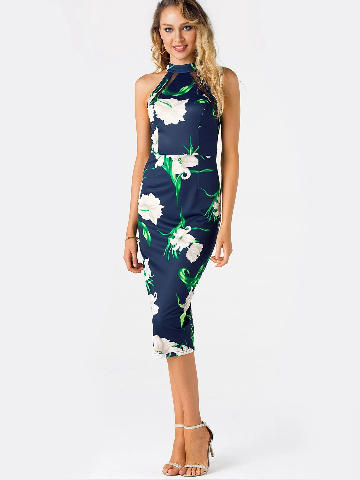 Wholesale Navy Halter Sleeveless Floral Print Zip Back Cut Out See Through Slit Hem Dresses