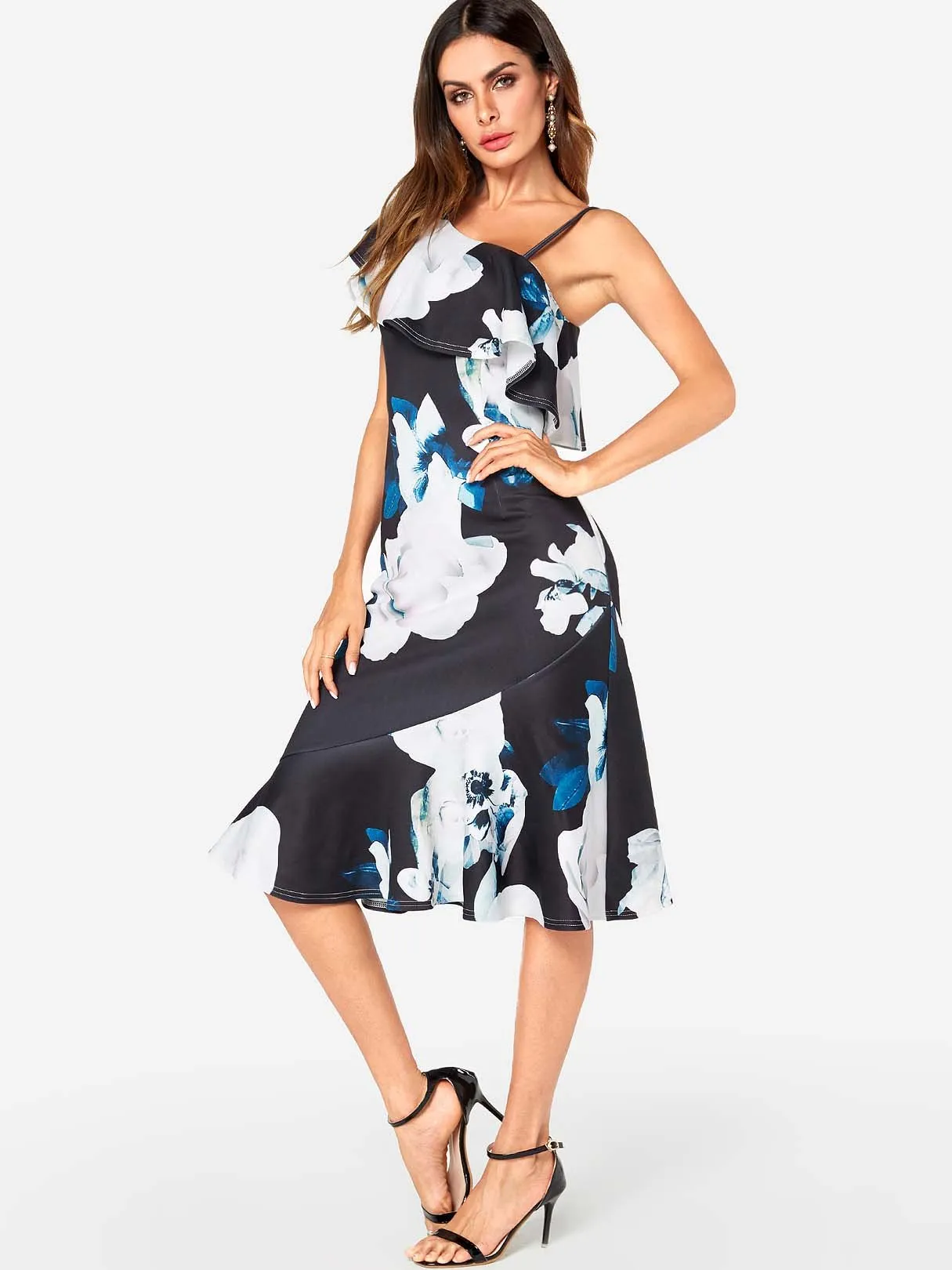 Wholesale Navy One Shoulder Sleeveless Floral Print Flounced Hem Dresses