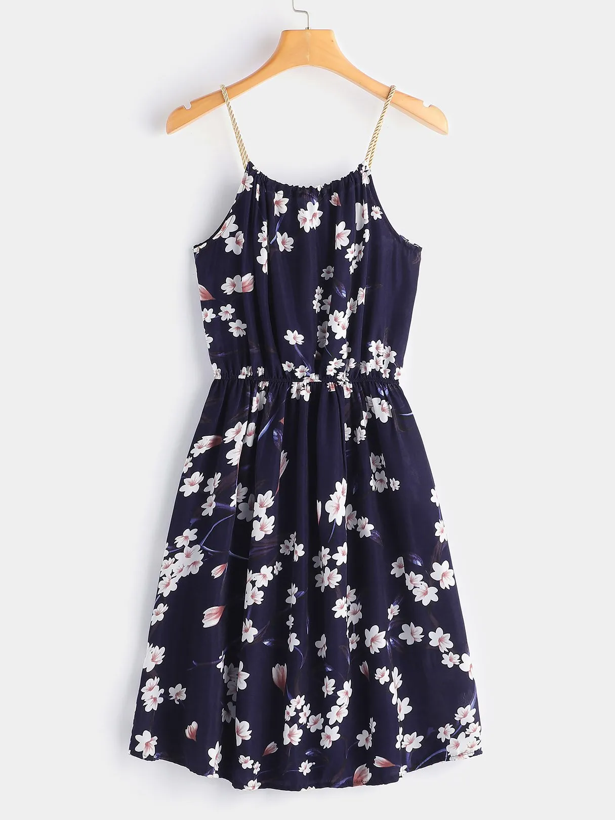 Wholesale Navy Round Neck Sleeveless Floral Print Lace-Up Spaghetti Strap Dresses